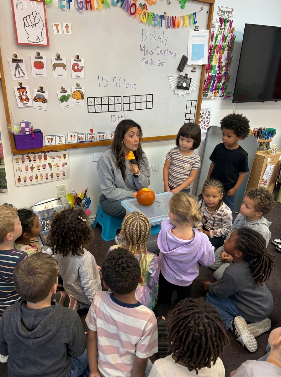 Teacher leading a circle-time pumpkin science activity with a group of preschoolers