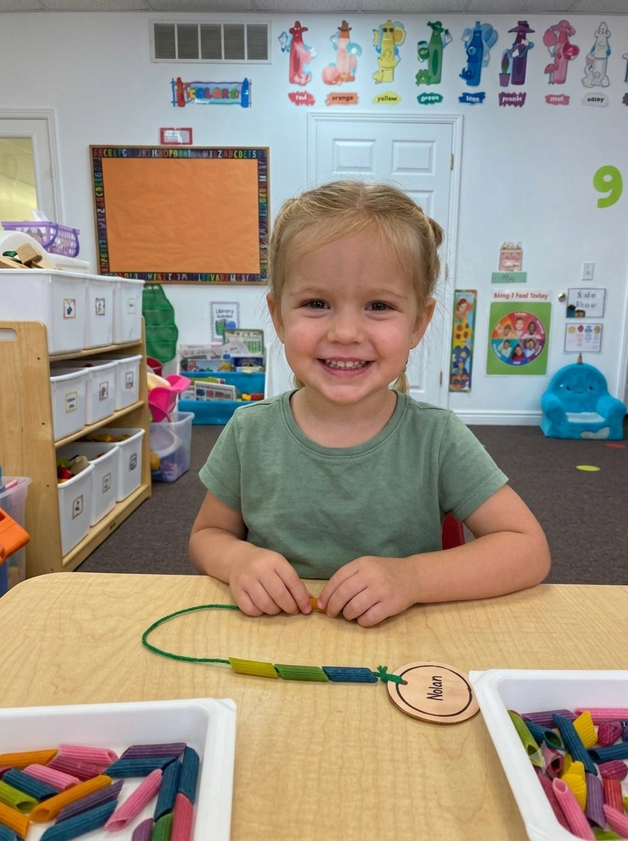 A smiling preschooler showing off the pasta necklace she made in class