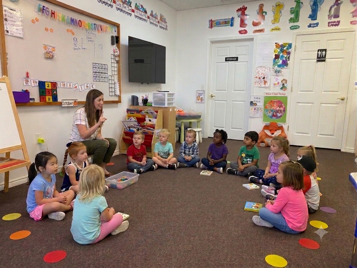 Apple Tree Schoolhouse teacher reading to preschoolers seated in a circle on the classroom floor